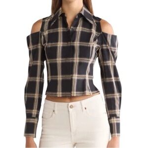 NEW Equipment Femme Miles Cold Shoulder Windowpane Plaid Button Down Shirt